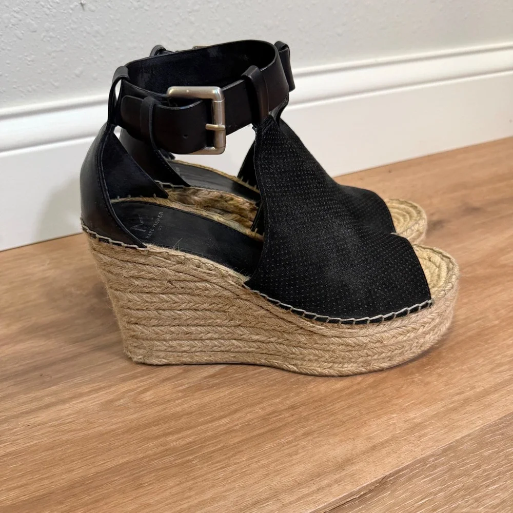 Marc Fisher MLANNIE Wedge Sandal Women 7.5 Black Leather Espadrille Platform